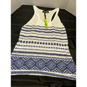 Sam Edelman Embroidered White With Blue Geometric Patterned Racerback Tank Top